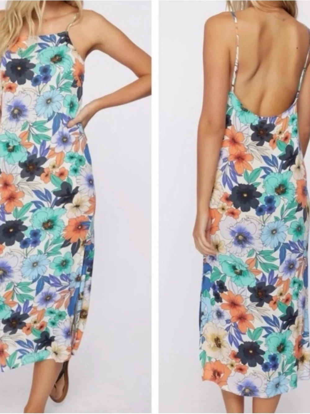 O'Neill Floral Slip Midi Dress in Teal, Orange, Navy & White - Picture 1 of 4